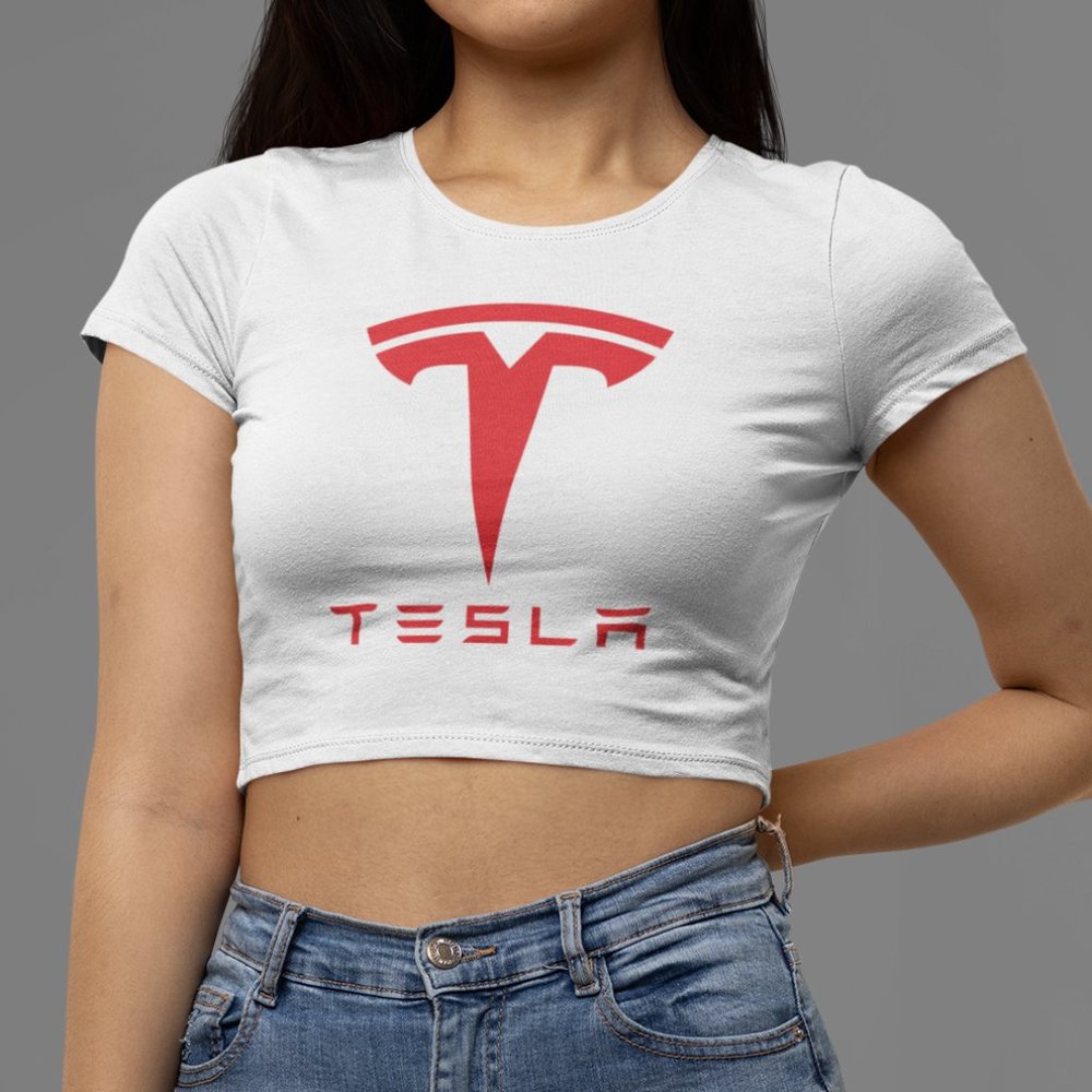 NEW Tesla Motors Logo Form Fit Crop Top Shirt WHITE